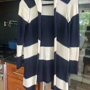 Kinross cashmere Striped Navy and Cream Women's Sweater